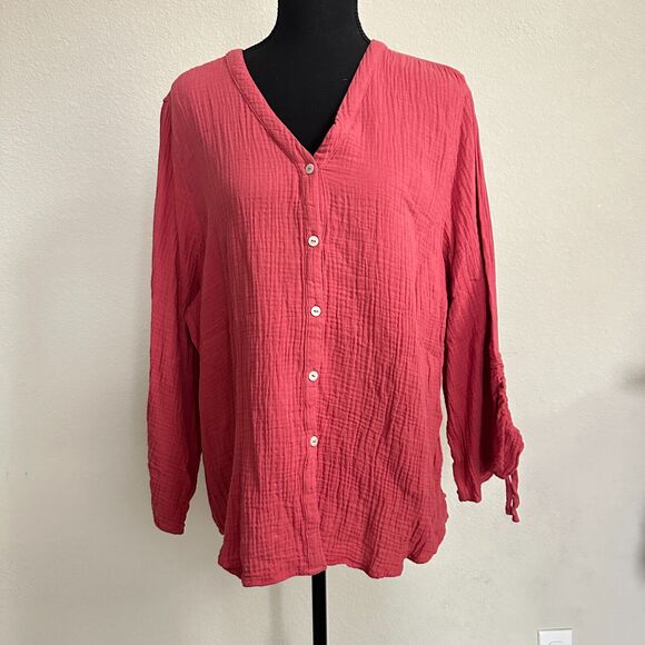 Foxcroft Top XXL 2XL Gauze Blouse Button Pink Mauve Beachy V Neck Cotton Casual - Picture 1 of 10